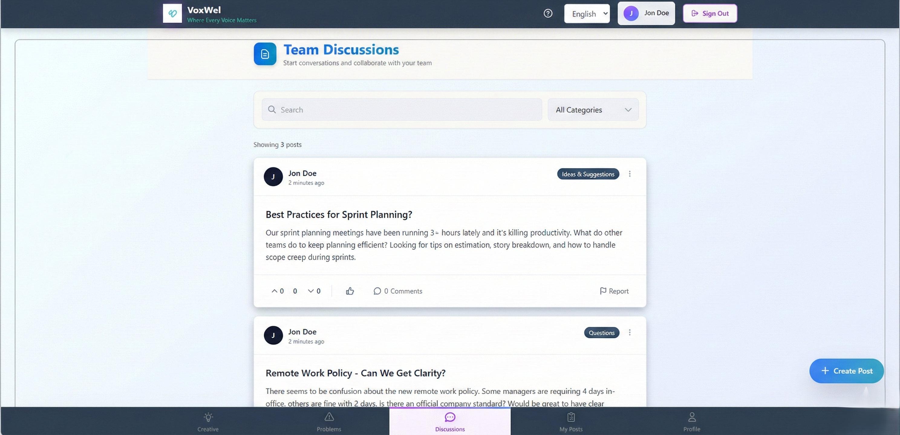 Team Discussions Wall interface showing open communication