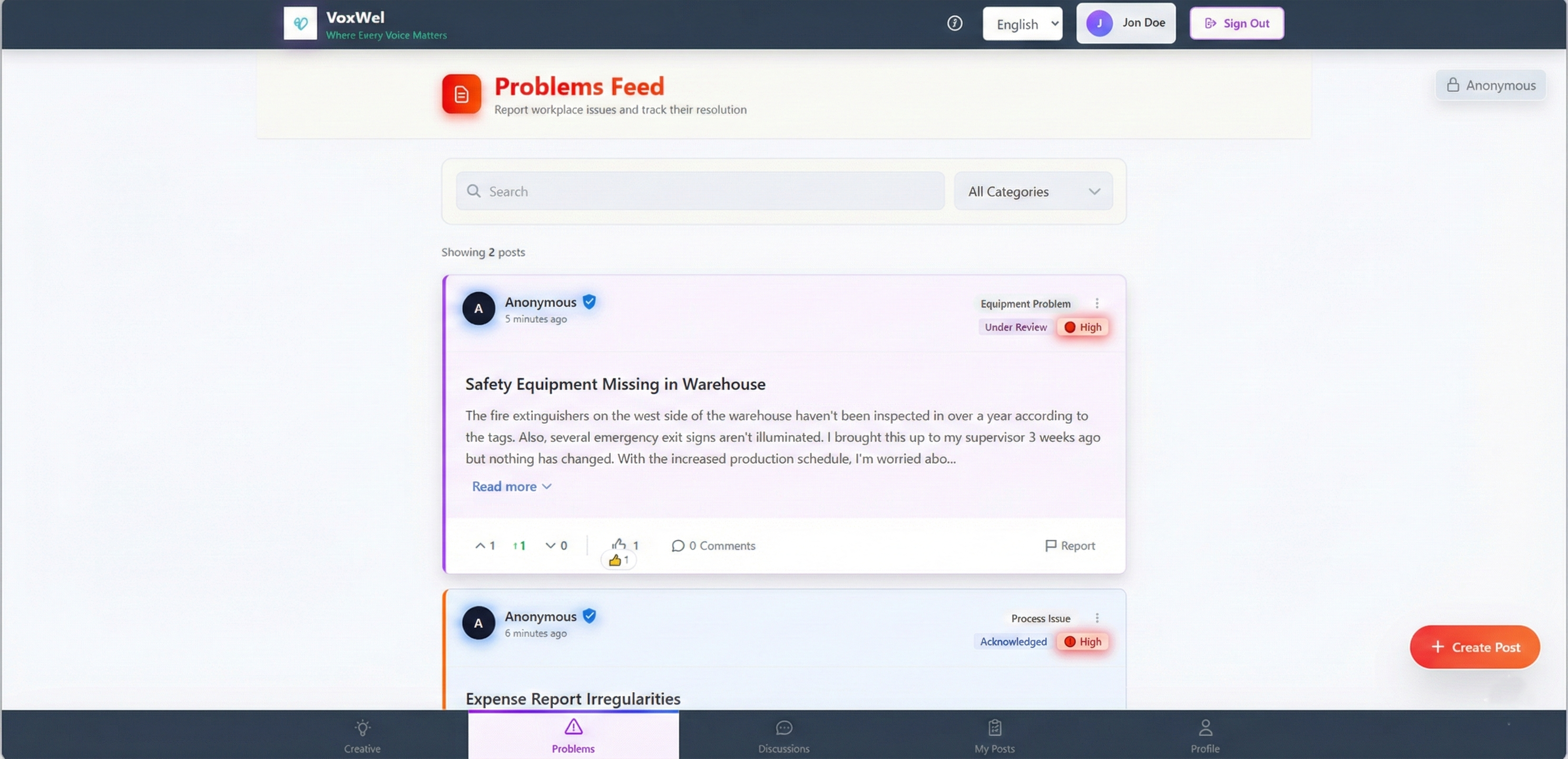 Problems & Solutions Wall interface showing anonymous reporting